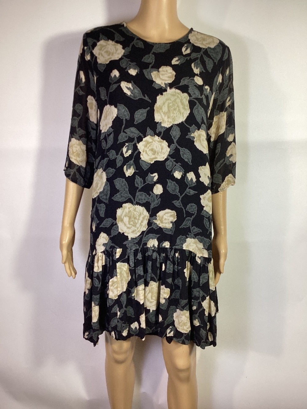 Ganni Sz 42 US Carlton Georgette Black Floral Ruffle Long Sleeve Dress